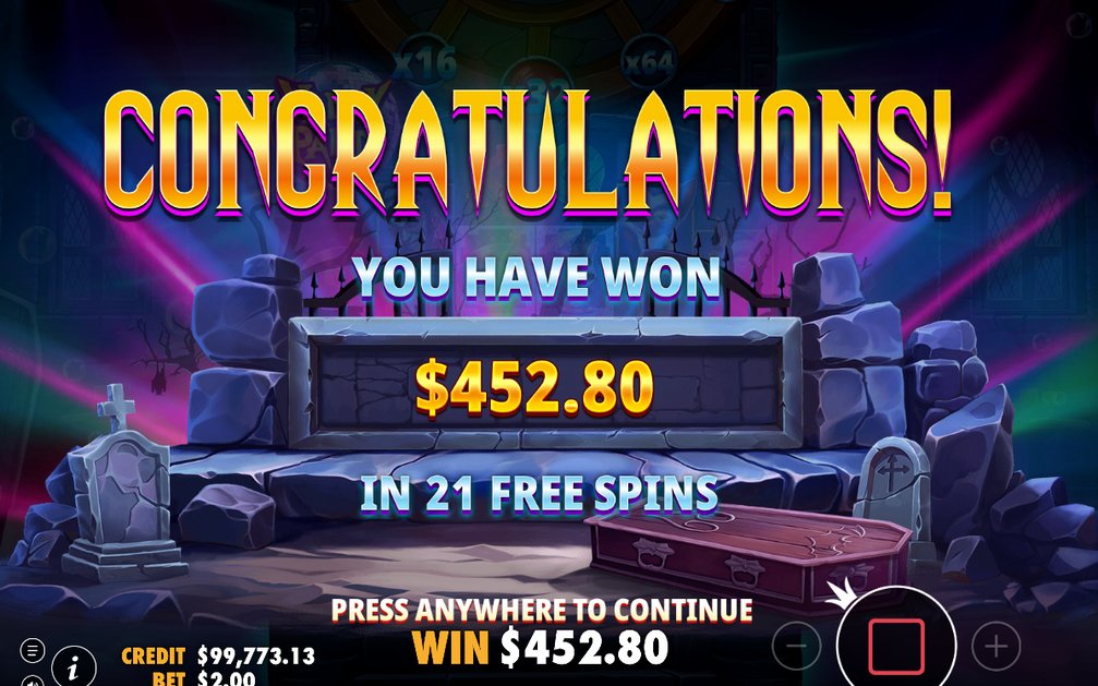 Win screen after a tumble chain with multiplier applied
